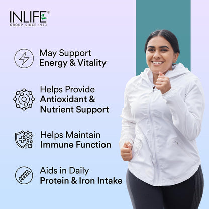 INLIFE Spirulina Tablets 2000 mg (per serving) | Green Superfood Supplement | Nutritional Supplement Protein Fiber Antioxidants - 60 Tablets (Pack of 1, 60's)