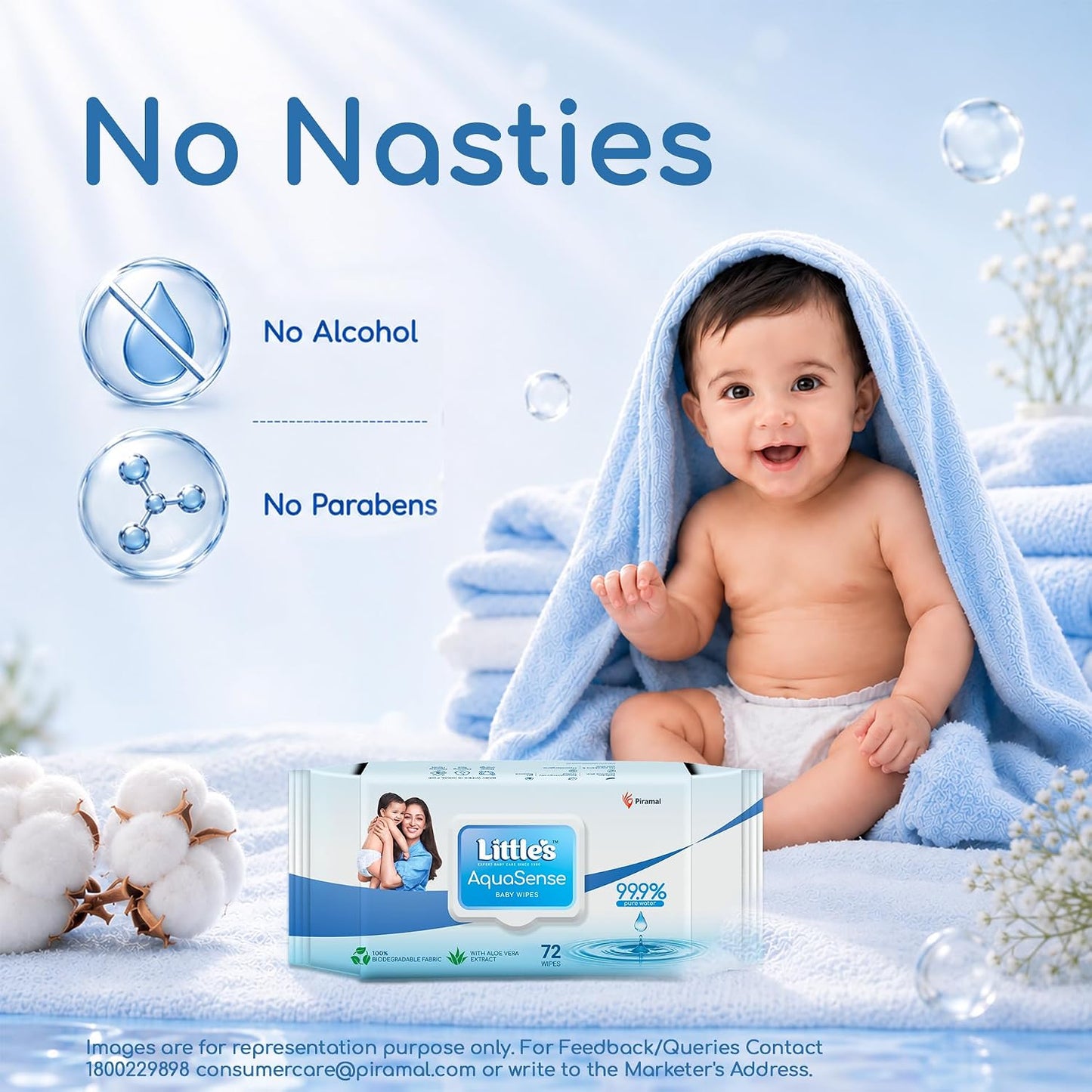 Little's 99.9% Pure Water AquaSense Baby Wipes | Unscented | with Aloe Vera | Pack of 3 X 72 Wipes | Plant-based | 100% Biodegradable | No Paraben