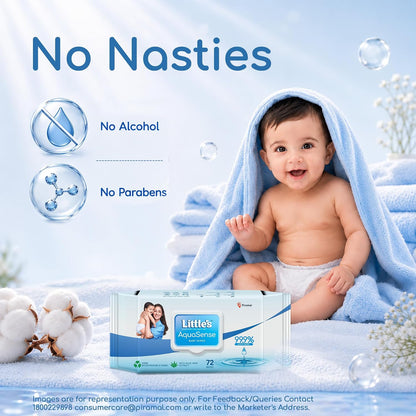 Little's 99.9% Pure Water AquaSense Baby Wipes | Unscented | with Aloe Vera | Pack of 3 X 72 Wipes | Plant-based | 100% Biodegradable | No Paraben