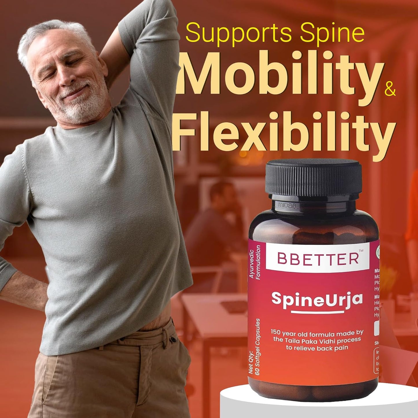 BBETTER SpineUrja -Lab Tested Ayurvedic Medicine for Lower Back Pain Relief & Sciatica Relief | Made by Taila Paka Vidhi Method | 60 Softgels