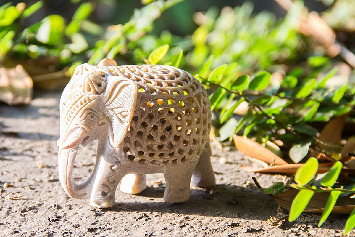 Shopstone Elephant Figurines Handmade in Jali Or Openwork from A Single Block of Stone from India, White, 3 inch