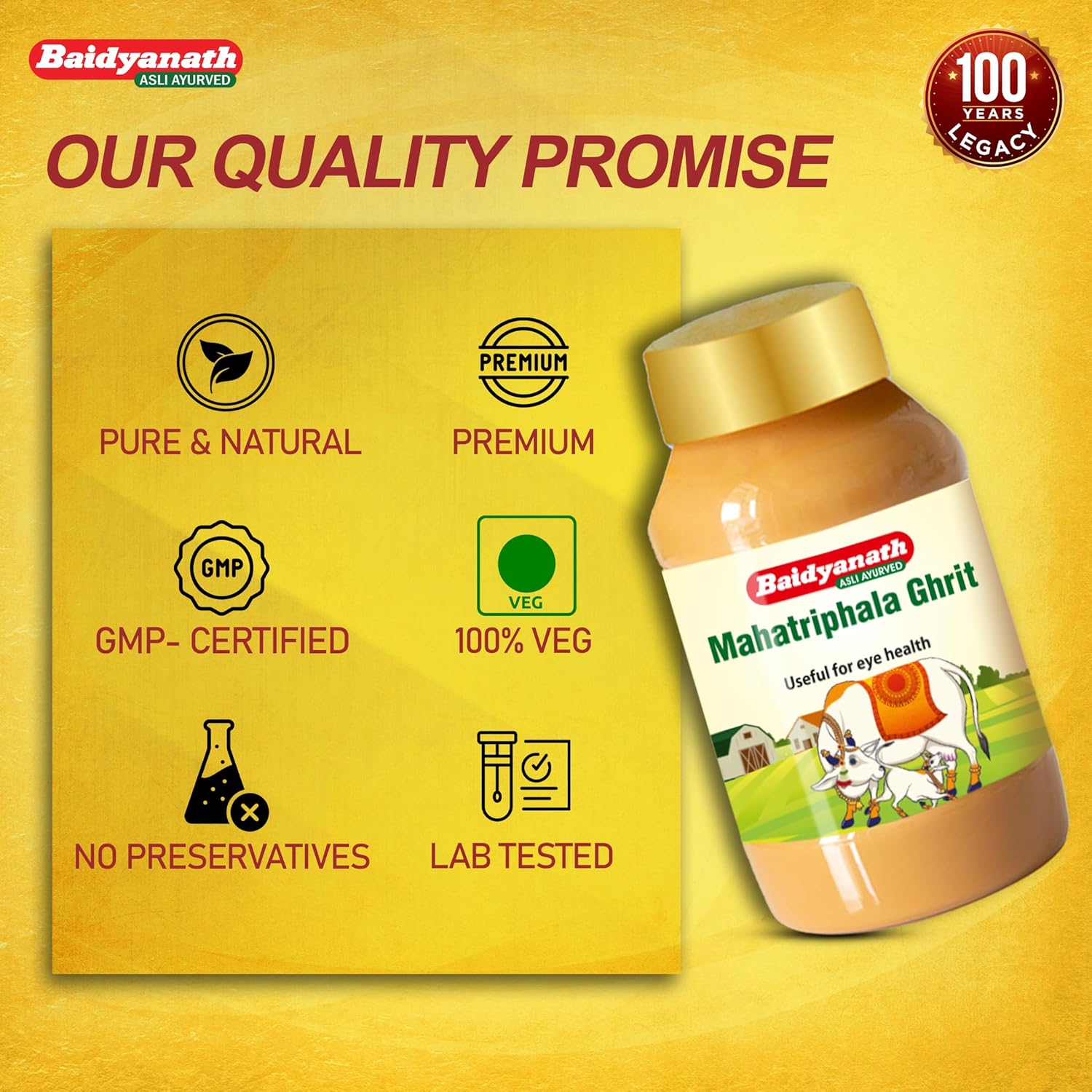 Baidyanath Mahatrithpha Ghrit bottle with quality promise details on a yellow background