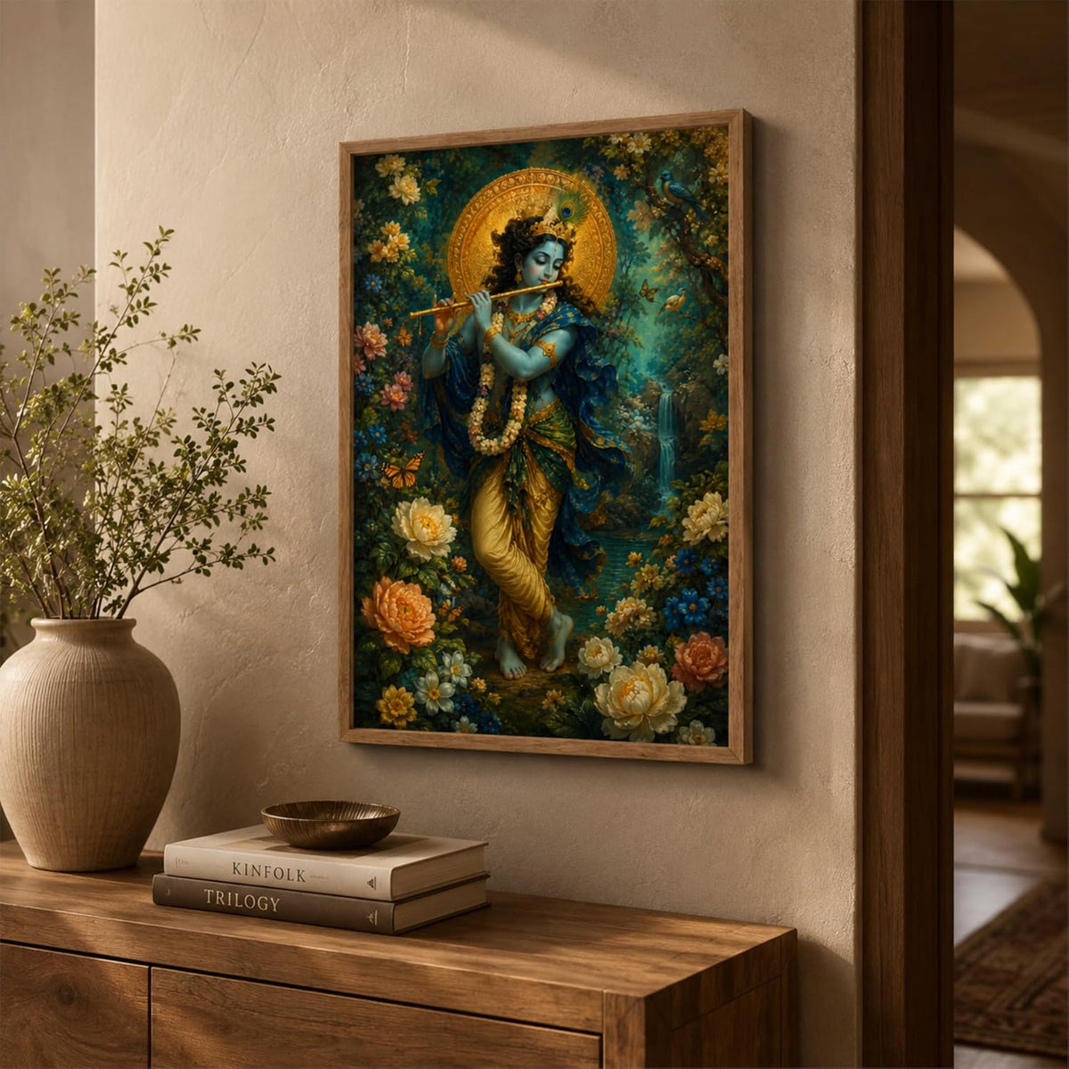 Lord Krishna Flute Wall Painting for Living Room Bedroom Hall Office Decor, Devotional Floral Artwork with Sparkle Laminate and Premium Wooden Synthetic Frame (13.5 x 19.5 Inch) NM01-4104