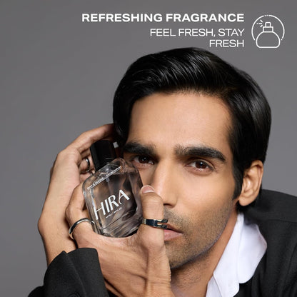 Man holding a HIRA perfume bottle with 'Refreshing Fragrance' text on a gray background