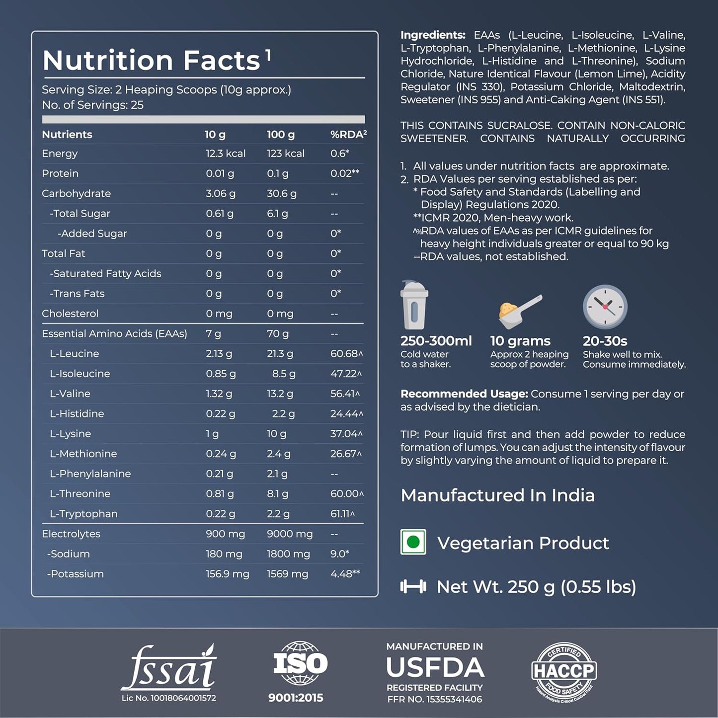 Nutrition facts label with product details on a dark blue background