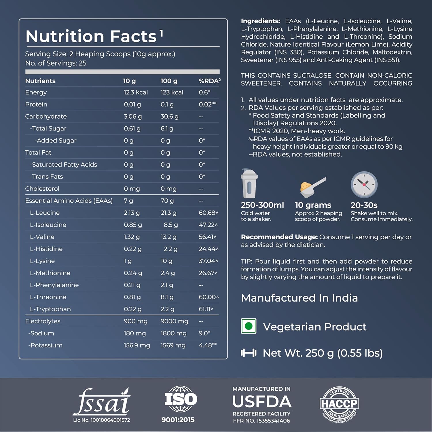 Nutrition facts label with product details on a dark blue background
