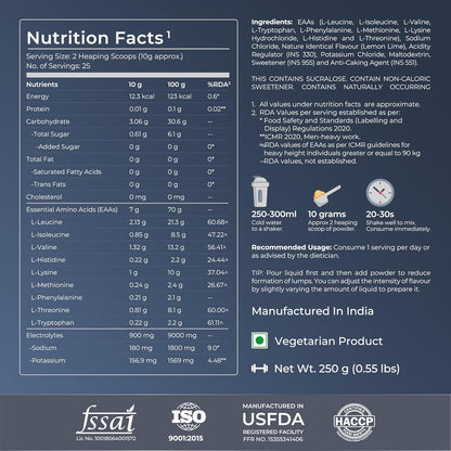 Nutrition facts label with product details on a dark blue background