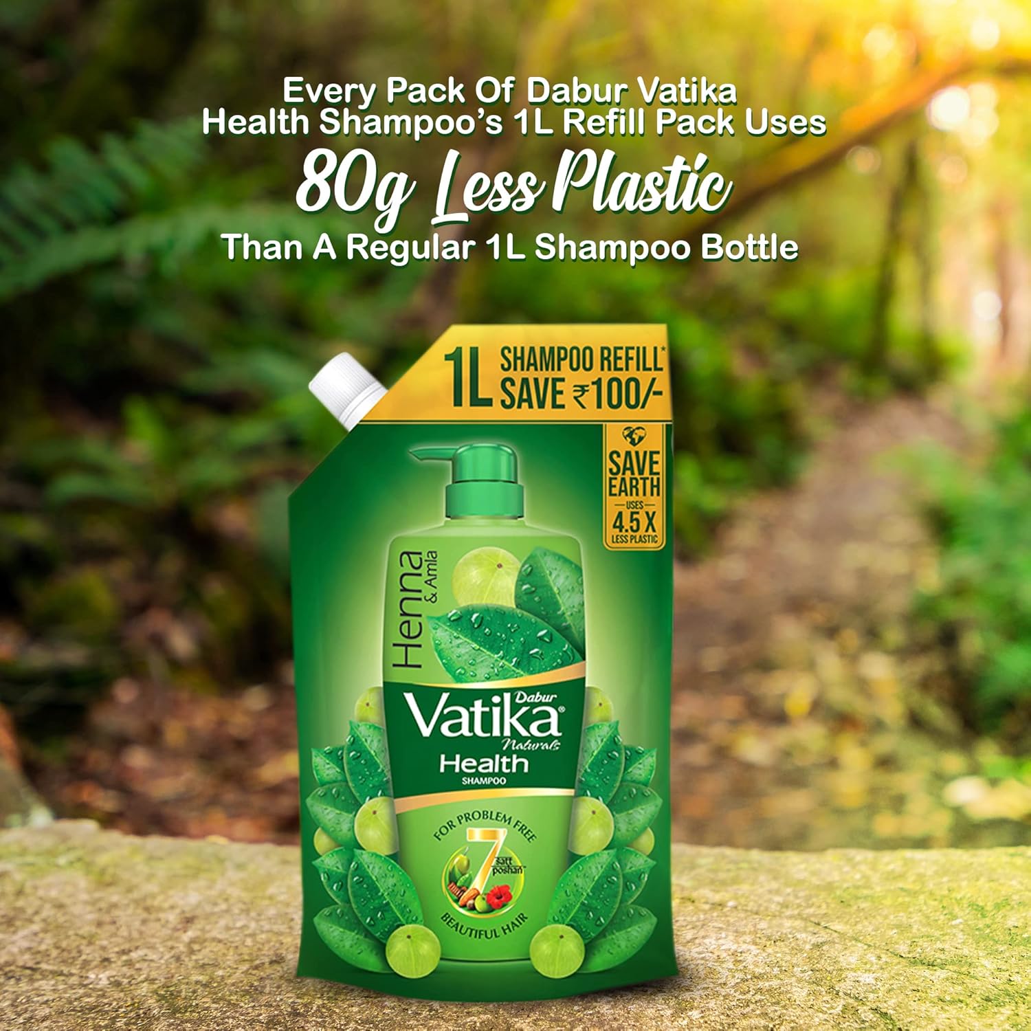 Dabur Vatika Health Shampoo refill pack with green background