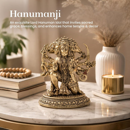 Brass Panchmukhi Hanuman Ji Idol | Handcrafted Hanuman Murti for Pooja Room | Home Temple & Festival Gift (Design01: L6 x W5.5 x H7 cm)