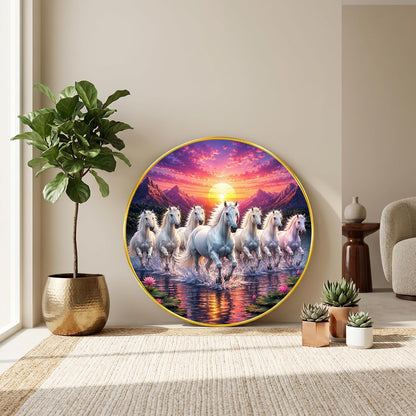 7 Horse Vastu Round Wall Painting with Premium PVC Golden Frame, White Running Horses Mountain Sunrise Lake Art for Living Room Office Home Decor Gift (20 x 20 Inch) GRL-441