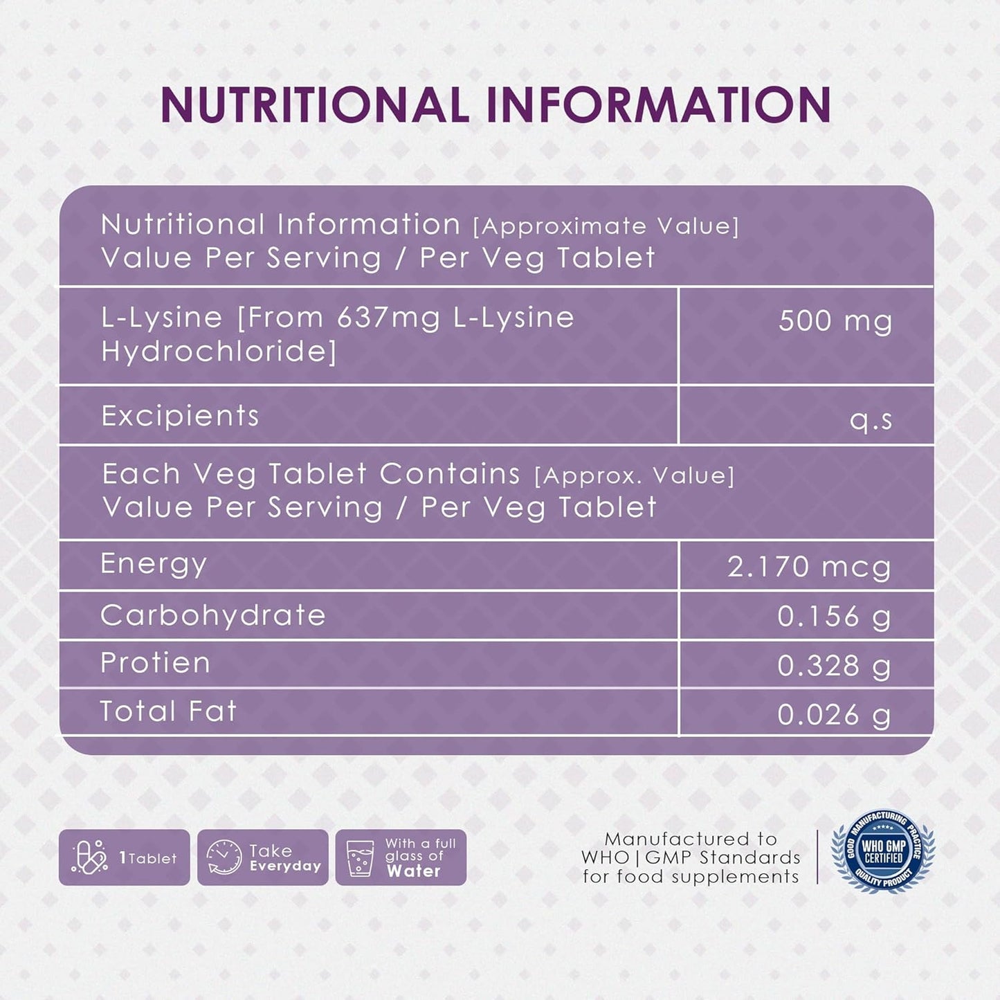 Nutritional information label for a L-Lysine supplement on a light purple background