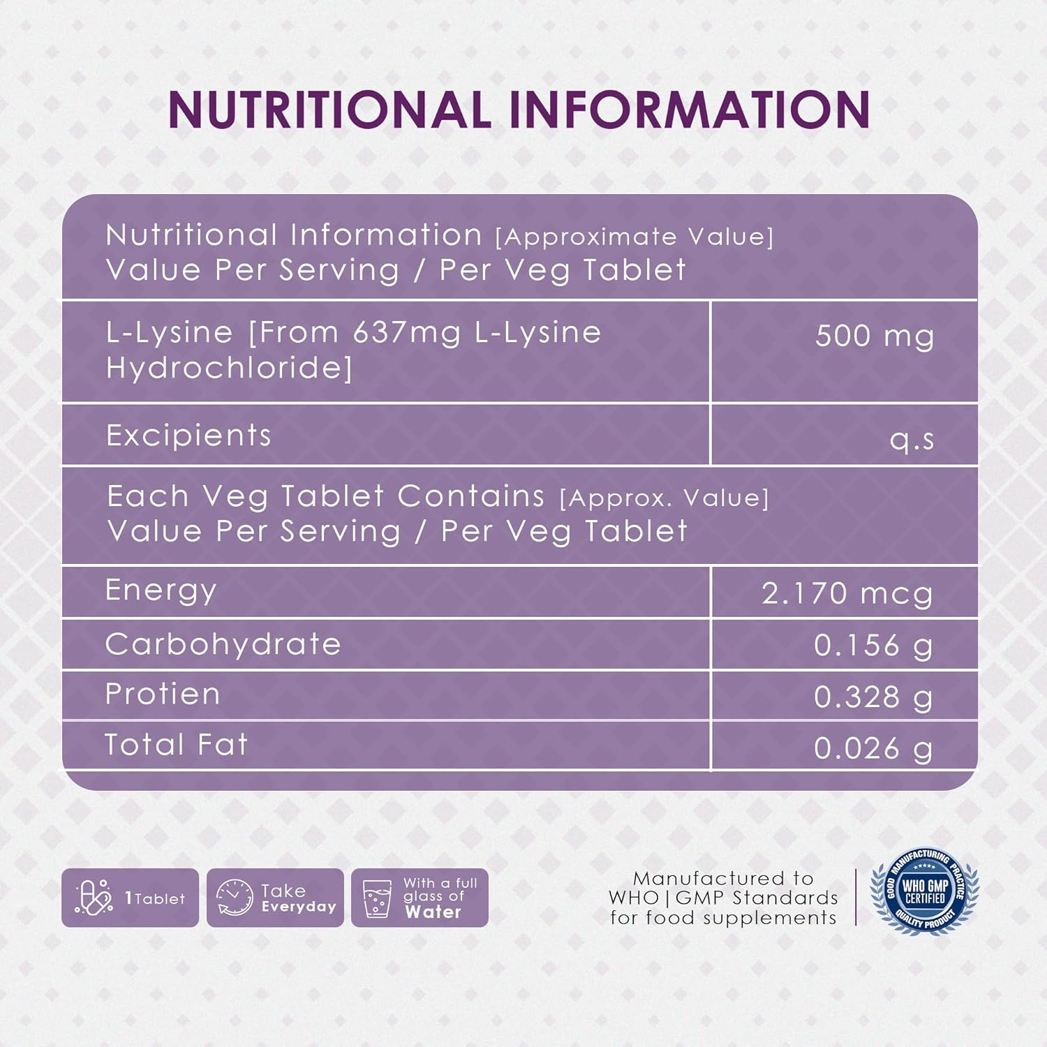 Nutritional information label for a L-Lysine supplement on a light purple background