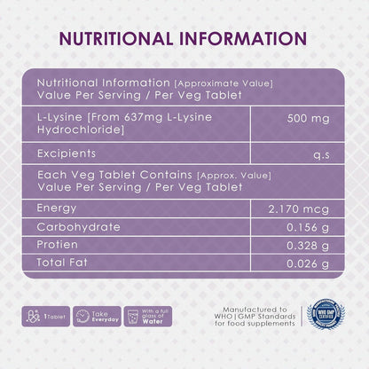 Nutritional information label for a L-Lysine supplement on a light purple background
