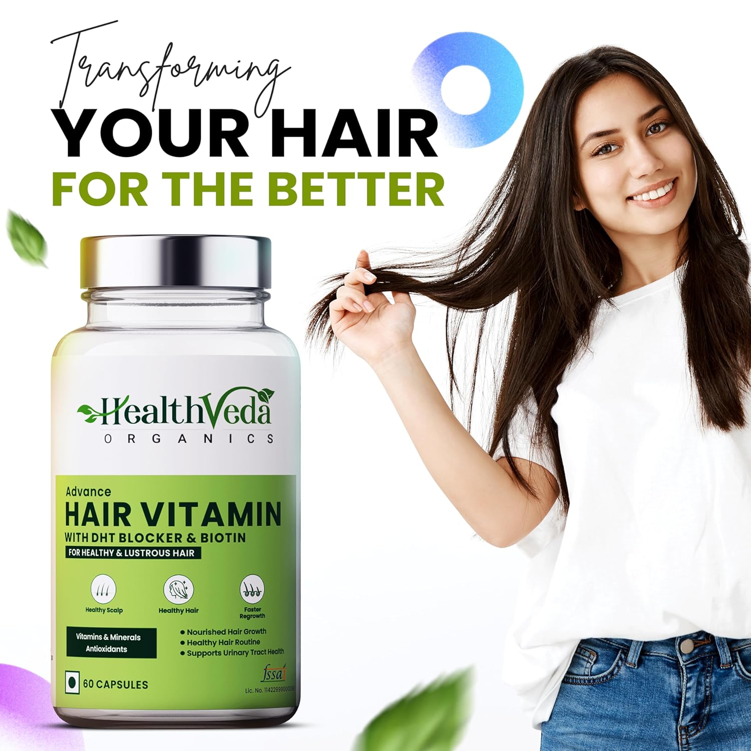 Zephivo HEALTH VEDA ORGANICS PRIVATE LIMITED Advance Hair Vitamin with DHT Blocker & Biotin | For Better Hair Growth & Hair Fall Control | Stimulates Hair follicles | For Men & Women - 60 Veg Capsules
