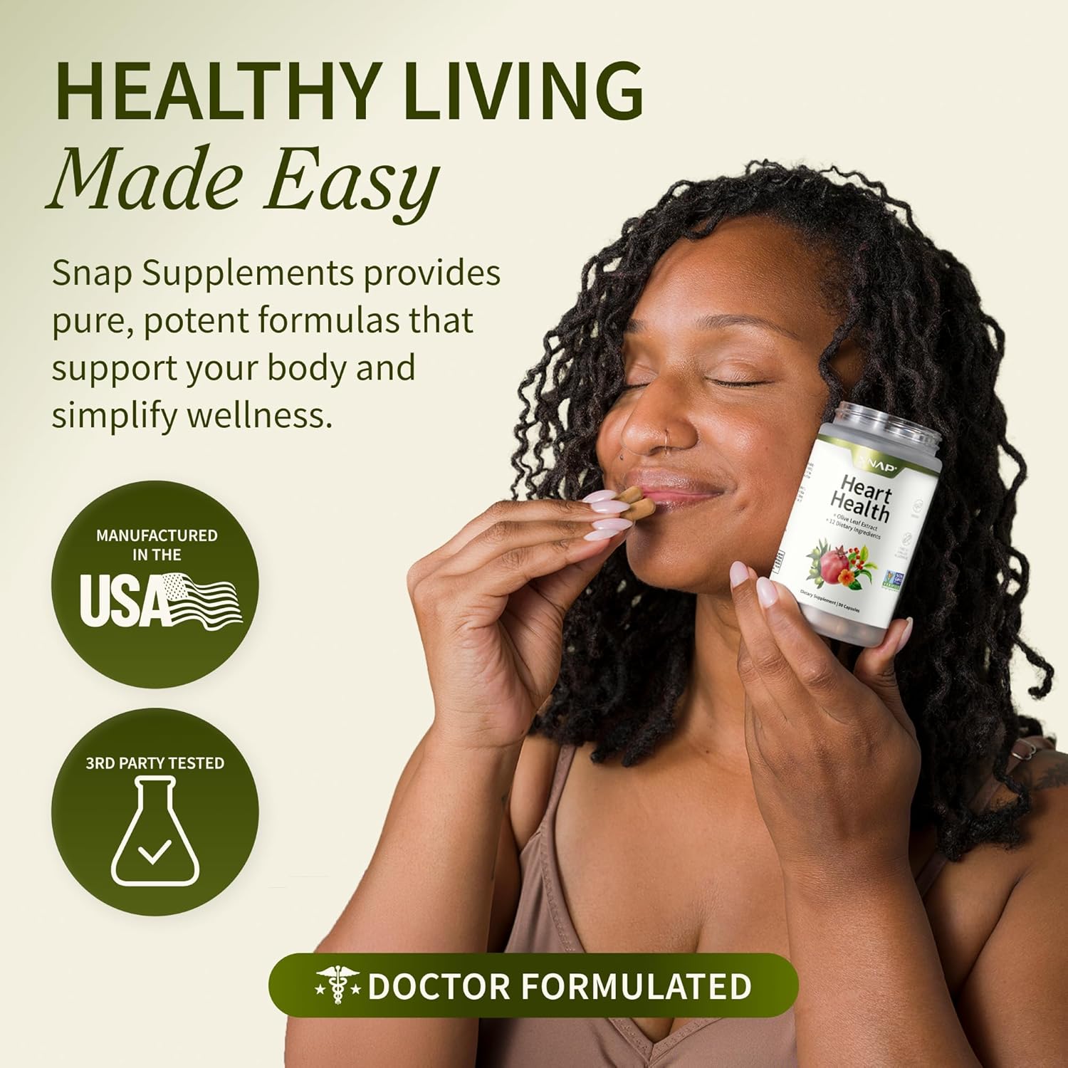 Woman taking a supplement with text about Snap Supplements' benefits on a beige background