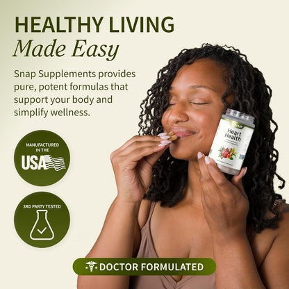 Woman taking a supplement with text about Snap Supplements' benefits on a beige background