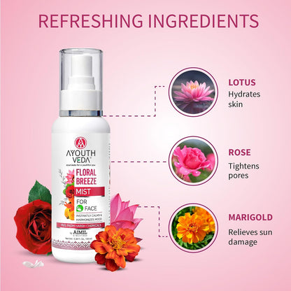 Ayouthveda Floral Breeze Face & Body Mist For Men & Women | Hydrates & Refreshes the Skin | Also Work As Makeup Setter |Free From Harsh chemicals | (Pack Of 1-100ml)