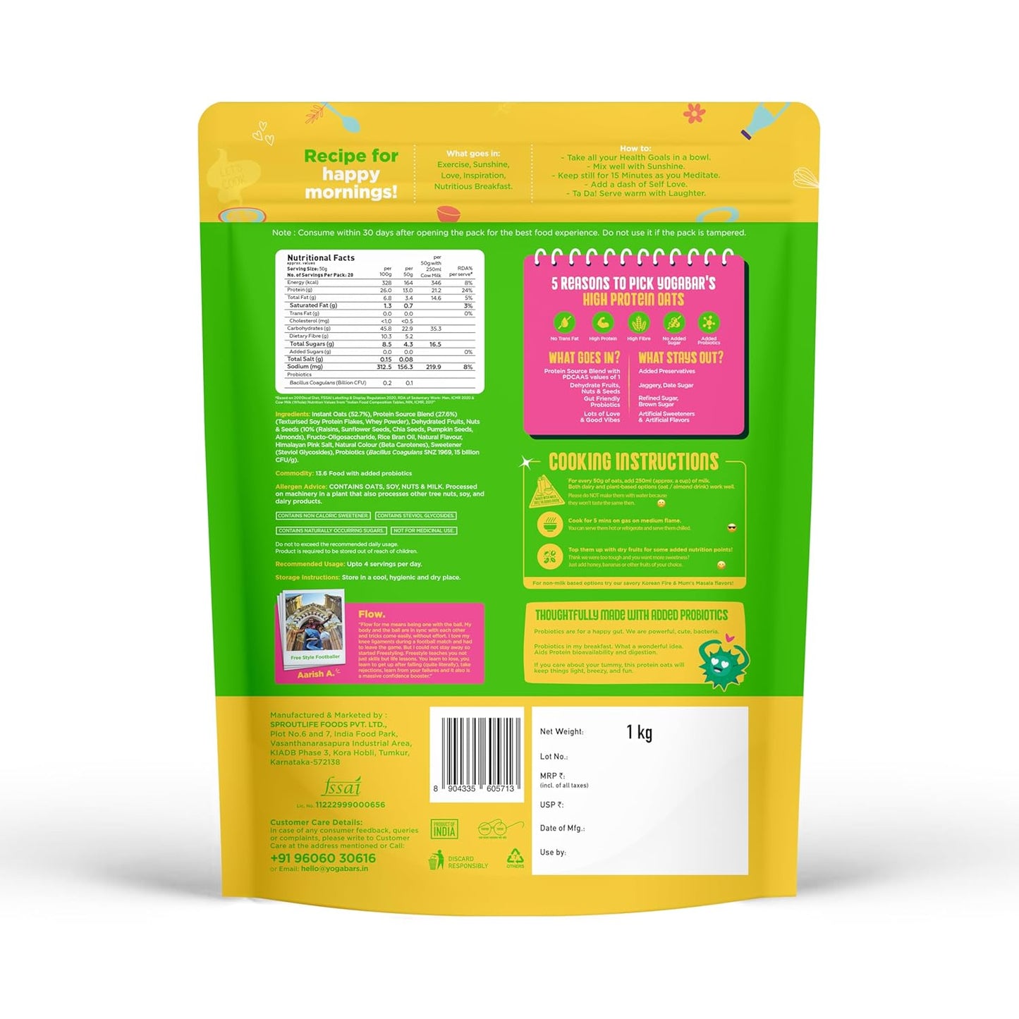 Yogabar 26g High Protein Oats 1kg , Kesar Pista Kulfi - Breakfast Cereal with Wholegrains, 26% Protein & No added sugar - Oats High Protein for Gym- Premium Protein Blend with Whey Protein Powder - with Goodness of Chia, Sunflower & Pumpkin Seeds