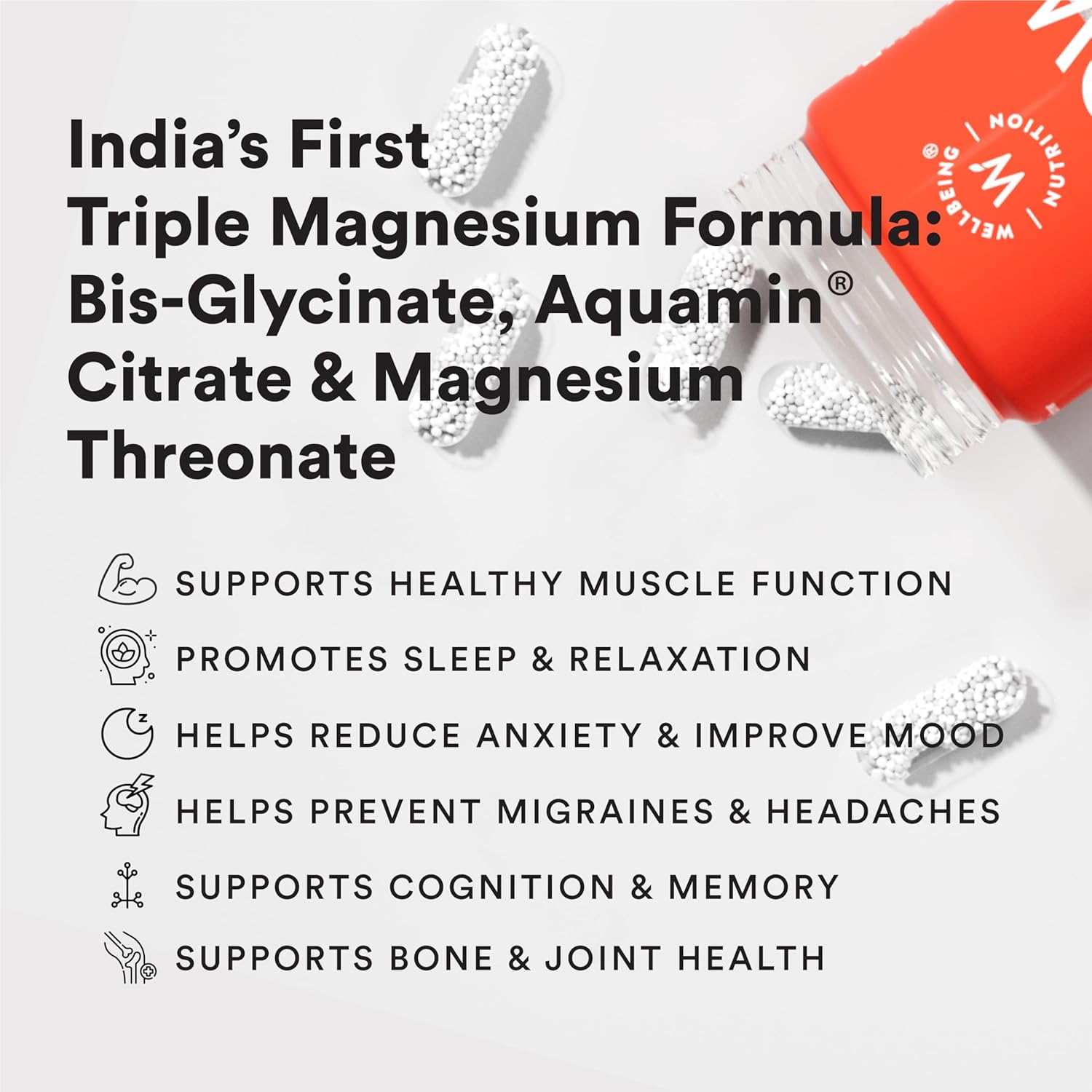 Zephivo Wellbeing Nutrition Triple Magnesium Complex with Glycinate, Aquamin Citrate & Threonate - 1000mg | Muscle Recovery, Sleep, Cognition, Nerve Function, Bone and Joint, Heart Health | 60 Capsules
