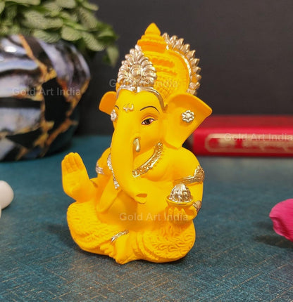 Gold Art India Yellow Mukut Ganesha - Good for Divine Home/Office Decor, Car Dashboard Idol, Housewarming Gift(Mukut Yellow Terracotta 3.5"), Idol