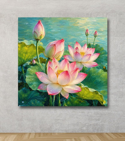 Lotus Flower Painting for Wall Vastu (15+ DESIGNS) Framed Lotus Canvas Painting for Living Room, Bedroom | Nature Floral Wall Art with Multiple Design Variations (Multi Lotus, 18x18 Inch, Framed)