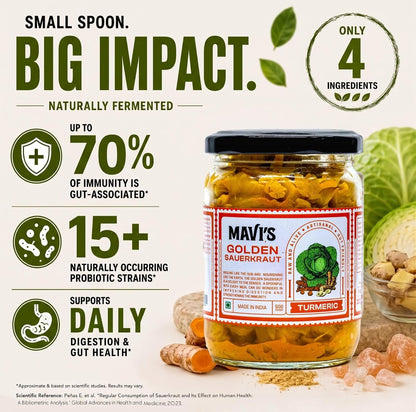 MAVI's Golden Sauerkraut| Spicy, Organic & Natural Cabbage & Fresh Turmeric | Gut friendly | 100% Natural & Vegan | No Preservatives | No Artificial Flavour or Colour | 500g (Pack of 1)