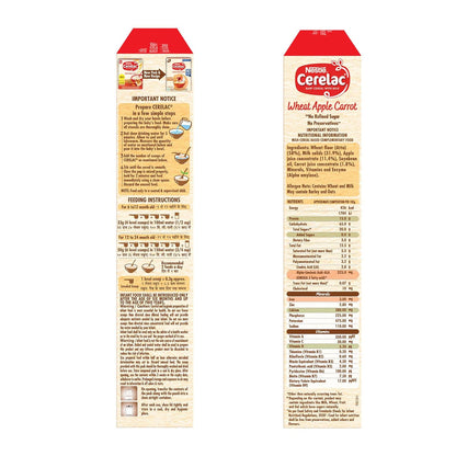 CERELAC Baby Food Cereal | No Refined Sugar | No Preservatives | Wheat Apple Carrot for 6 to 24 Months Baby | With Omega 3 Iron Protein Calcium Vit D | Instant Cereal | 300g (Weight may vary upwards)