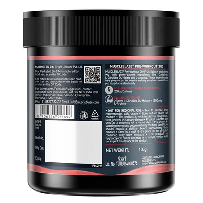 MuscleBlaze Pre Workout 200 (16 servings, 100g) | 200mg Caffeine, 2200mg Citrulline