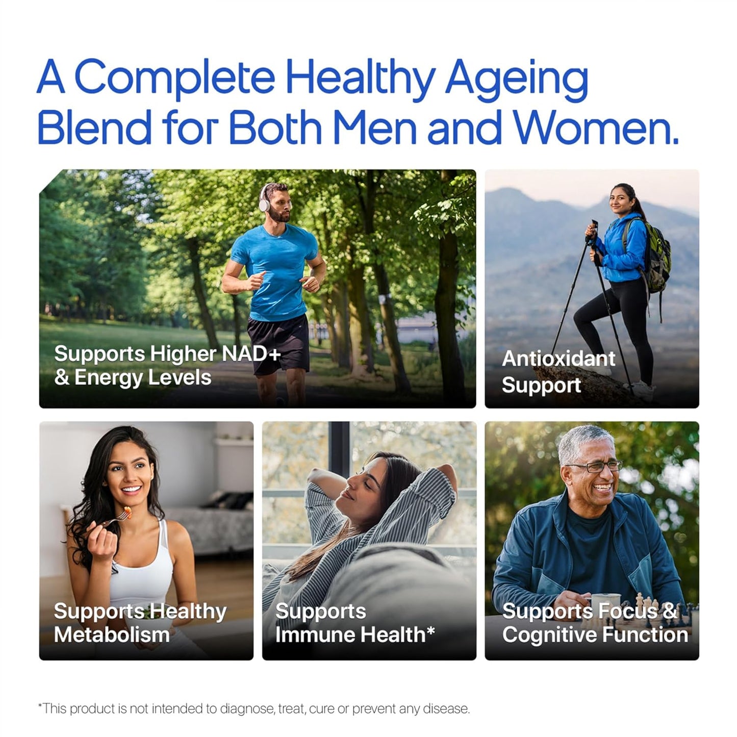 Advertisement for a healthy ageing supplement with images of people exercising and relaxing outdoors.