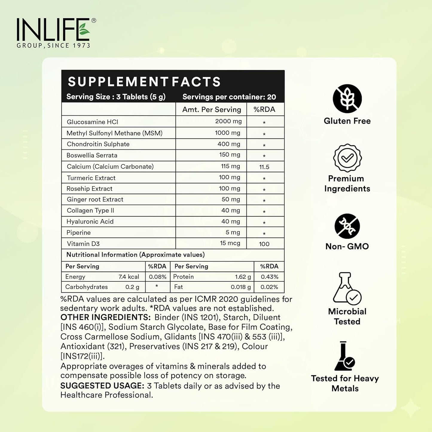 INLIFE Glucosamine Tablets for Joints with Chondroitin MSM Collagen Type II, Hyaluronic Acid, Vitamin D3 | Enriched with Boswellia, Rosehip, Curcumin | Knee Bone Cartilage Supplement - 60 Tablets