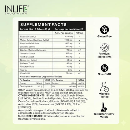 INLIFE Glucosamine Tablets for Joints with Chondroitin MSM Collagen Type II, Hyaluronic Acid, Vitamin D3 | Enriched with Boswellia, Rosehip, Curcumin | Knee Bone Cartilage Supplement - 60 Tablets