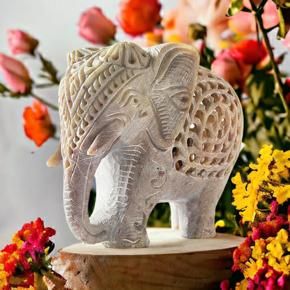 Shopstone Elephant Figurines Handmade in Jali Or Openwork from A Single Block of Stone from India, White, 3 inch