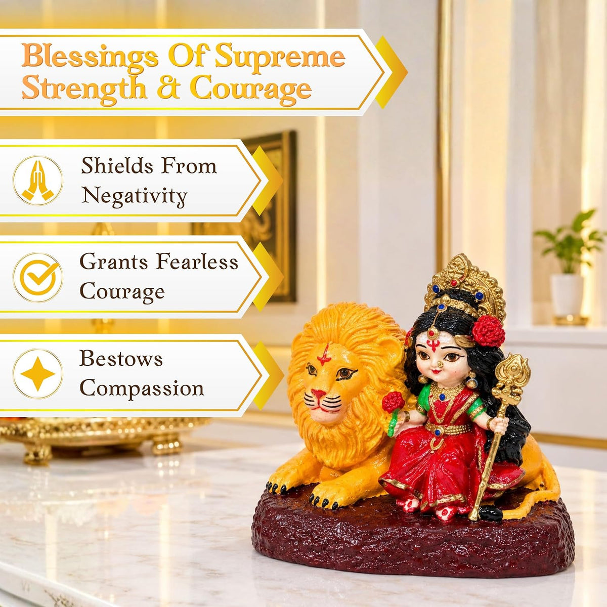 Bal Durga Idol, 8 cm Hand Painted Resin Maa Durga Murti with Lion, Trishul & Traditional Details, Durga MATA Statue for Home Mandir, Pooja Room, Car Dashboard & Decor