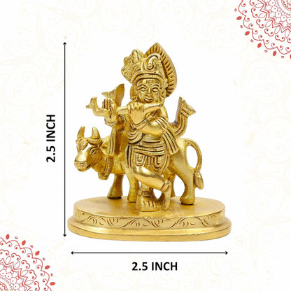 2.5 Inch Pure Brass Krishna Statue with Cow – Handcrafted Idol | Compact Spiritual Murti for Home Temple, Office Table, Puja Room, Festive Decoration & Auspicious Gift