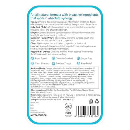 Wellbeing Nutrition Melts instant Throat Relief with 100% Natural Tulsi, Manuka Honey, Clove, Licorice, Curcumin, Ginger, Mint for Cough, Sore Throat, Irritation and Pain Relief (30 Oral Strips)