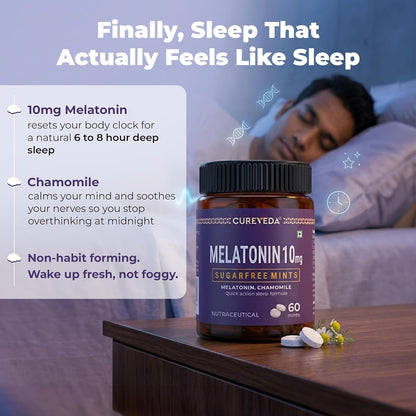 Melatonin supplement bottle with packaging details and a person sleeping in the background.