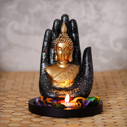eCraftIndia Black Golden Resin Palm Buddha Statue Tea Light Candle Holder Showpiece