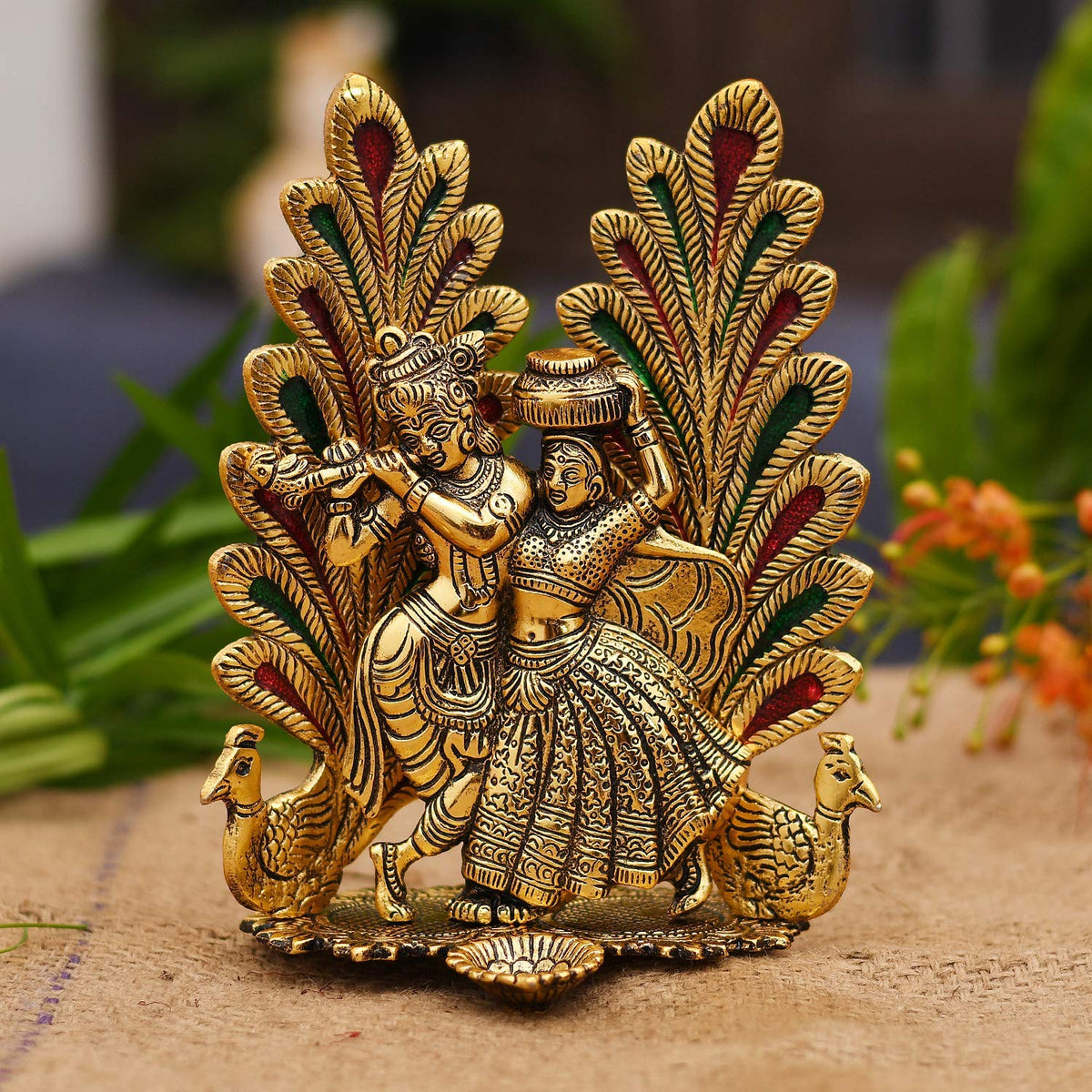 Brass Finish Metal Statue of Lord Krishna and Radha with Peacock, Traditional Indian Decor with Intricate Detailing for Home & Office 7-Inch Decorative Idol for Spiritual, Cultural.