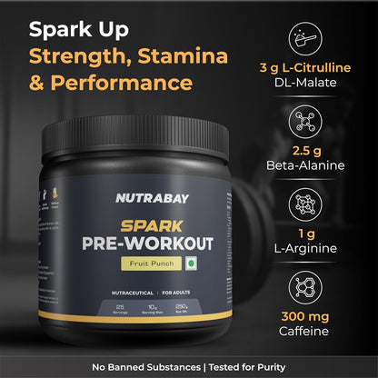 Nutrabay Spark Pre-Workout supplement container with ingredients listed on a dark background