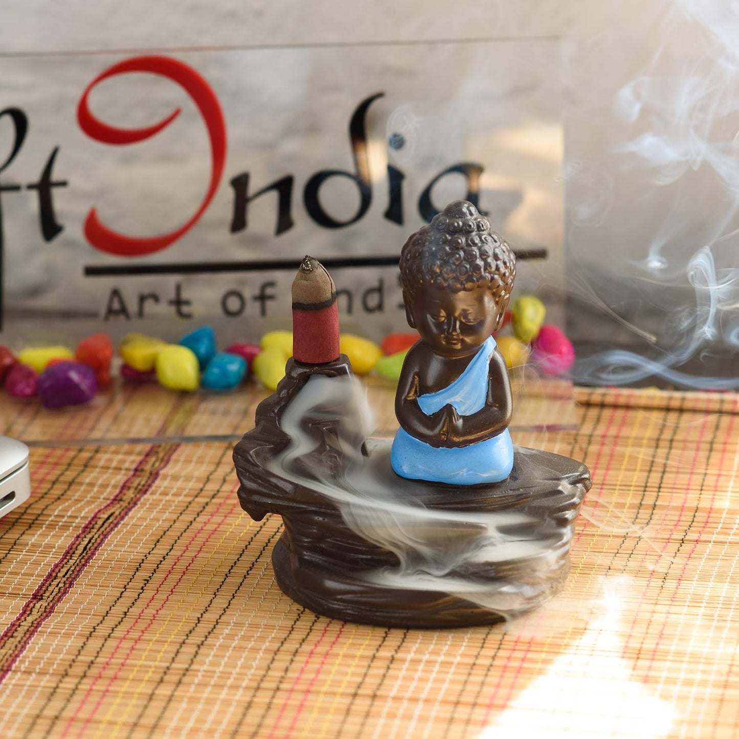 eCraftIndia Buddha Smoke Backflow Incense Holder (7.01 cm x 7.01 cm x 11.98 cm, Black and Blue)