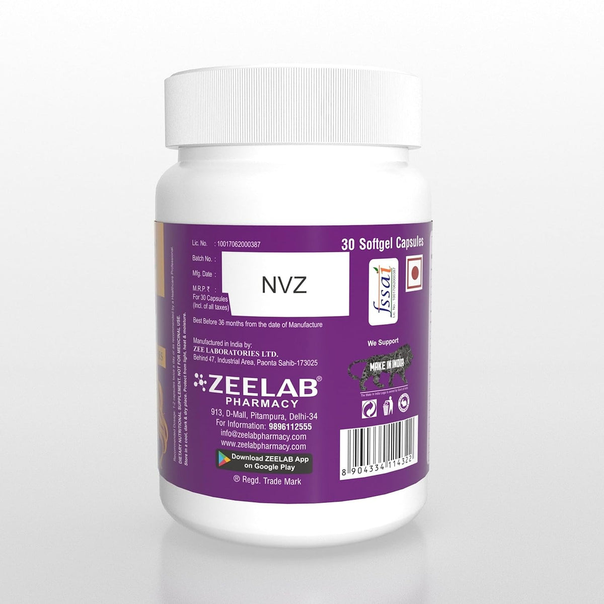 Zeelab pharmacy supplement bottle with purple label on a white background