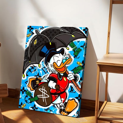 Luxury Cartoon Duck Pop Art Canvas Wall Art Painting For Living Room | Money & Success Theme Street Art Wall Art Painting | Modern Graffiti Style Artwork for Home & Office, 41x56 cm