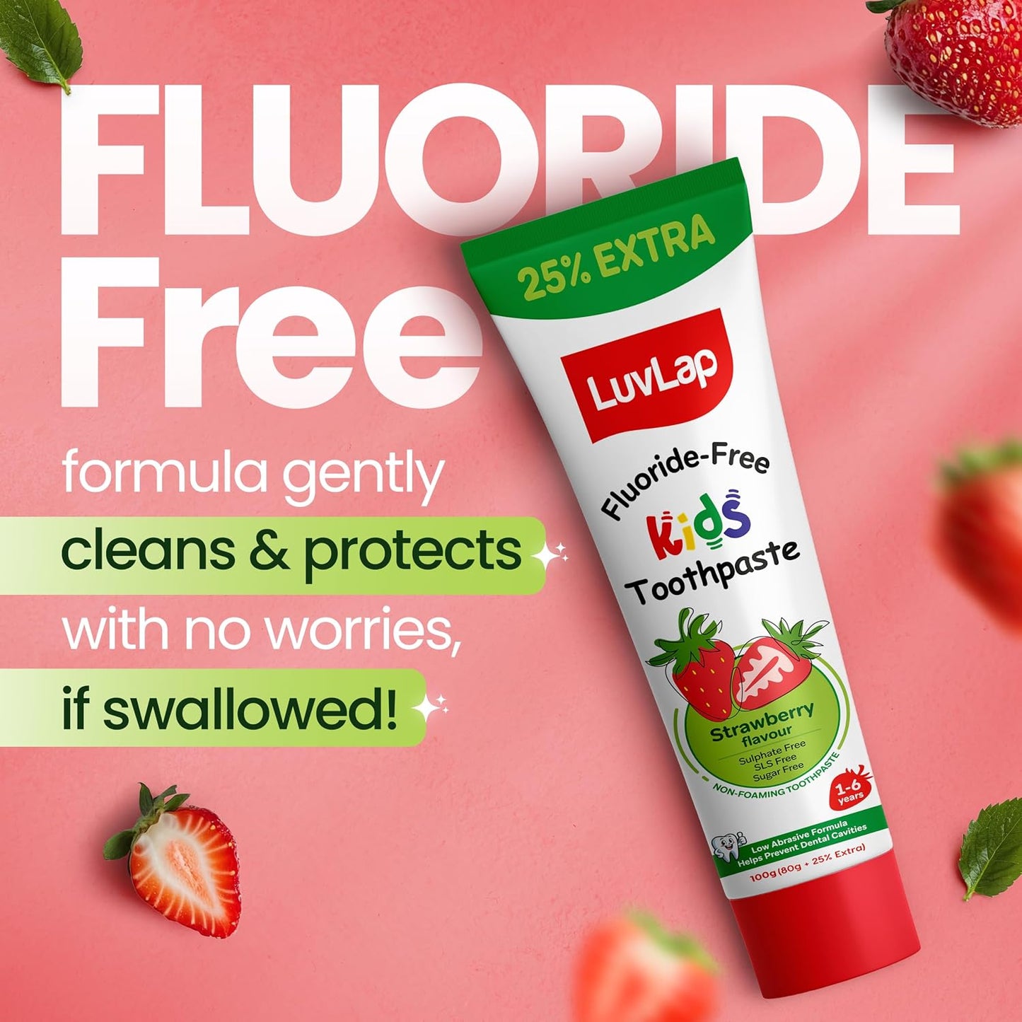 LuvLap Baby Toothpaste for Kids 80gm + 25% Extra, Strawberry Flavour, SLS & Fluoride Free Baby Toothpaste, Removes Plaque, Prevents Bacteria & Cavities, Ensures Healthy Teeth & Gums, 12M+(Pack of 1)
