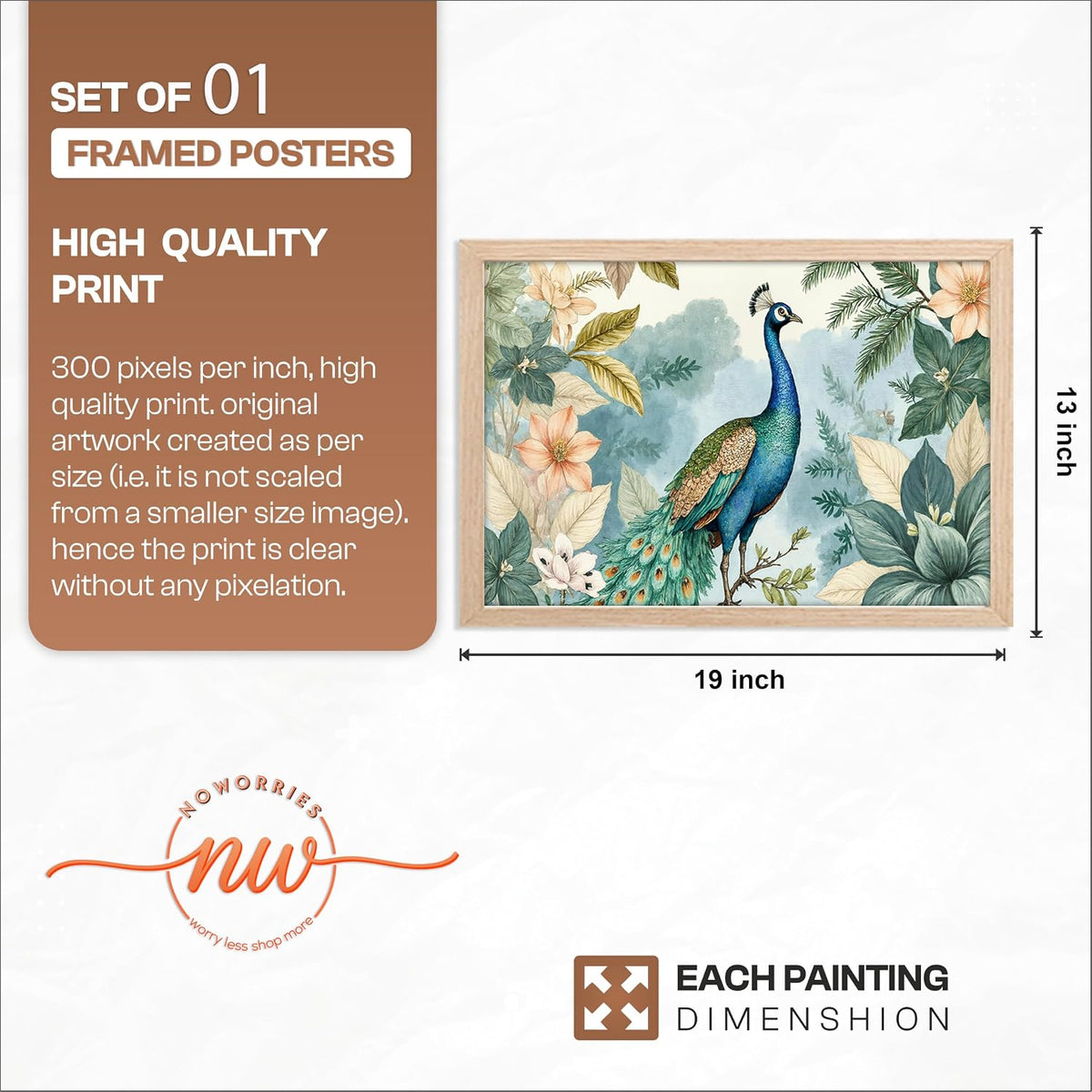 Peacock Wall Painting with Frame Set of 1 | Premium Botanical Bird Artwork, Floral Nature Inspired Decorative Wall Art for Living Room, Bedroom, Office and Home Decoration (3D Art-12,13x19inch)