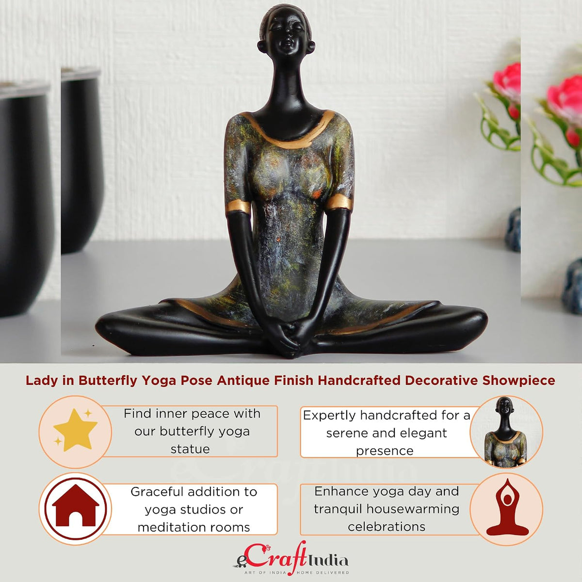 Grey Black Resin Lady in Butterfly Yoga Pose | Yoga Woman Statue Showpiece for Home Decor Living Room Bedroom Office Yoga Studio | Womens Day Gift for Ladies | Birthday Gift for Women
