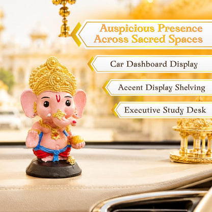 Cute Bal Ganesha Idol for Car Dashboard, 10 cm Baby Ganpati Resin Statue, Hand Painted Ganesh Murti for Home Mandir, Office Desk & Gifting