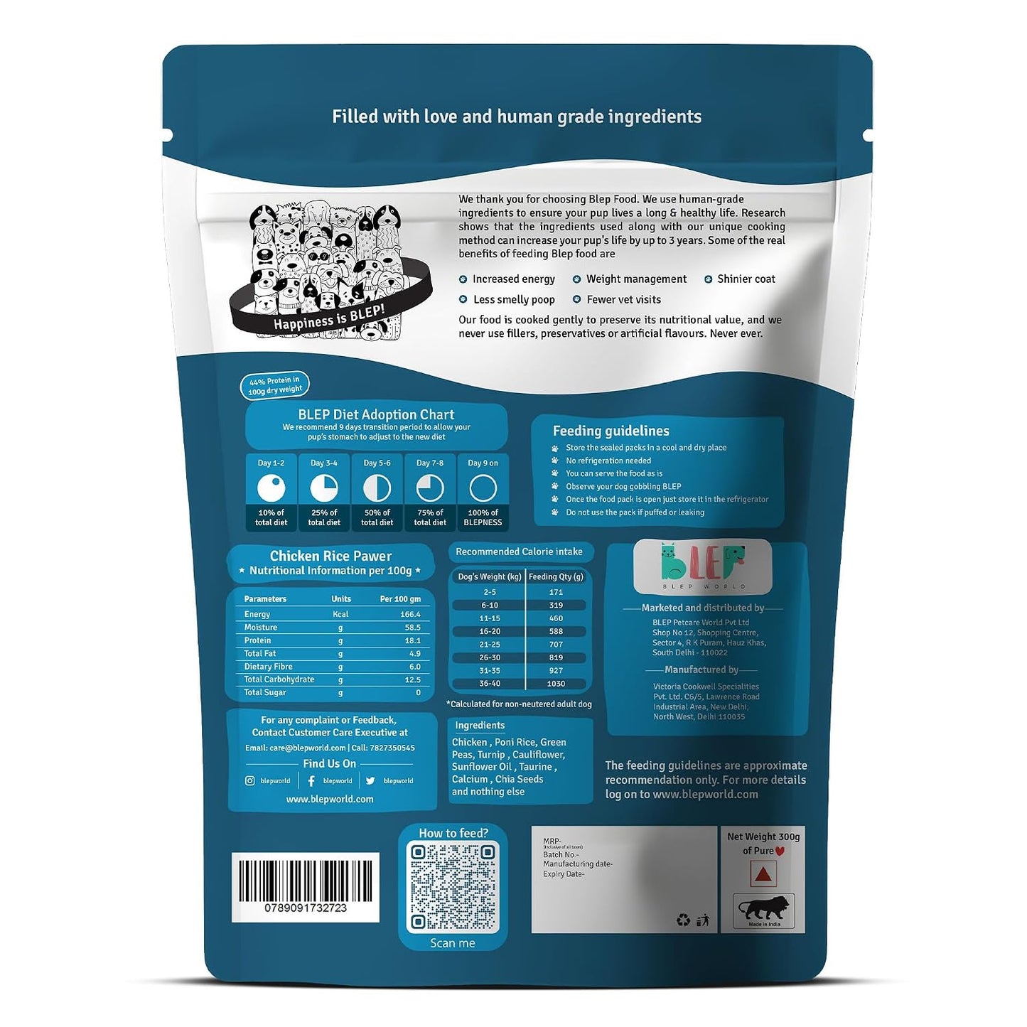 BLEP Healthy Dog Food for Adult & Puppies | Chicken Rice | Zero Preservatives | Wet Dog Food | Travel Packs | Complete Meal & Balanced | 300g | Pack of 1