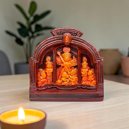 Maa Durga Murti Terracotta Idol | Sherawali Devi MATA Wall Hanging & Table Top Decor | Hand-Painted Durga Idol for Temple, Mandir, Home, Office Decoration & Gifting (12.5x12.5 CM)