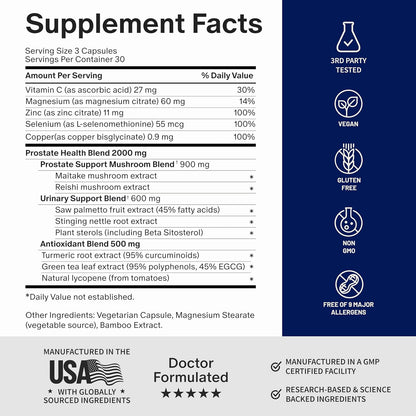 Supplement facts label with detailed nutritional information and certification logos on a white background.