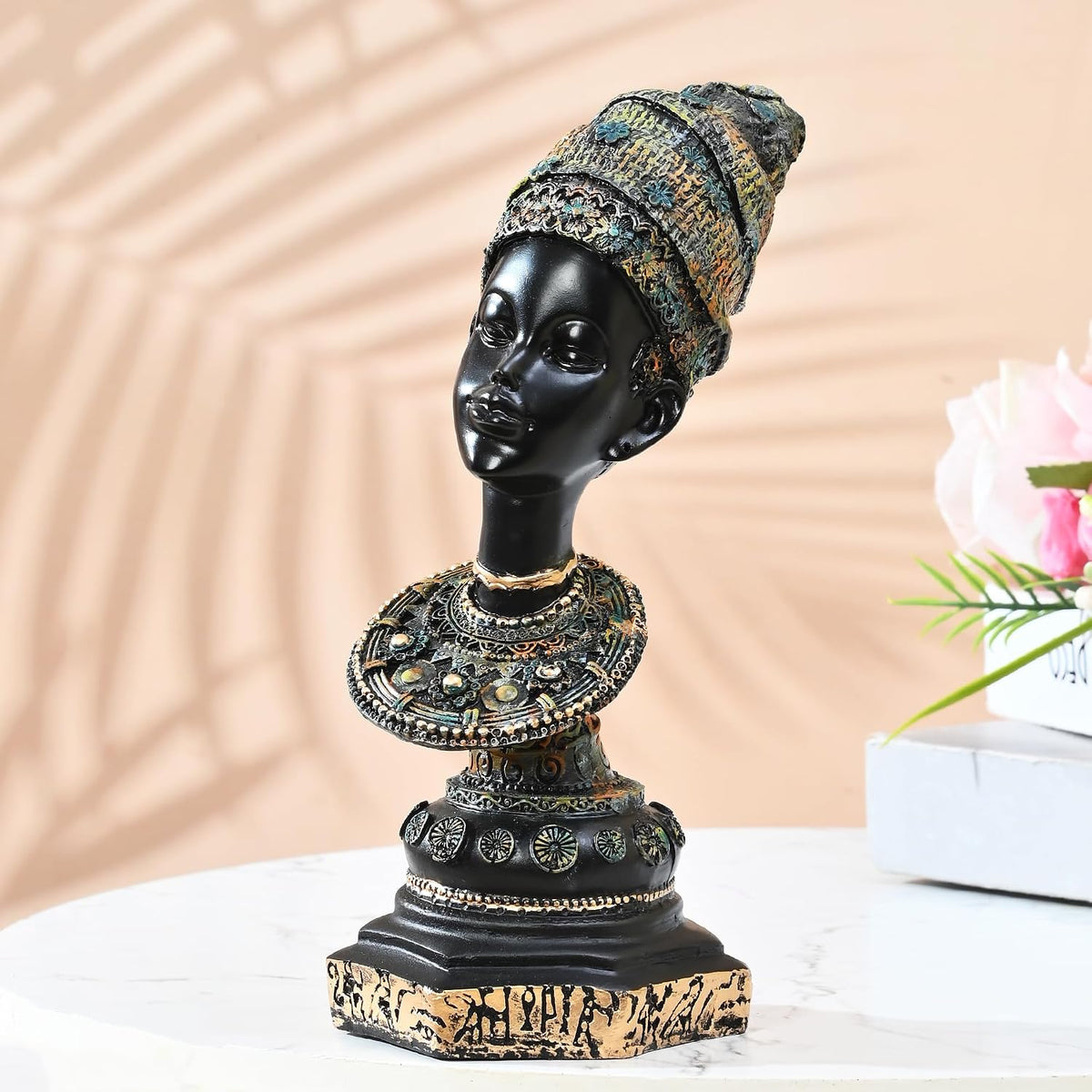 African Lady Statue with Pot|Graceful and Cultural Home Décor (Pack of 1, Black, Green & Golden, Model 1)